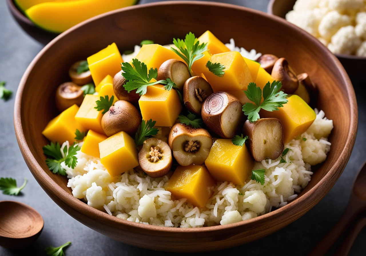 Vegetable Coconut Curry with Almond Sauce and Mango