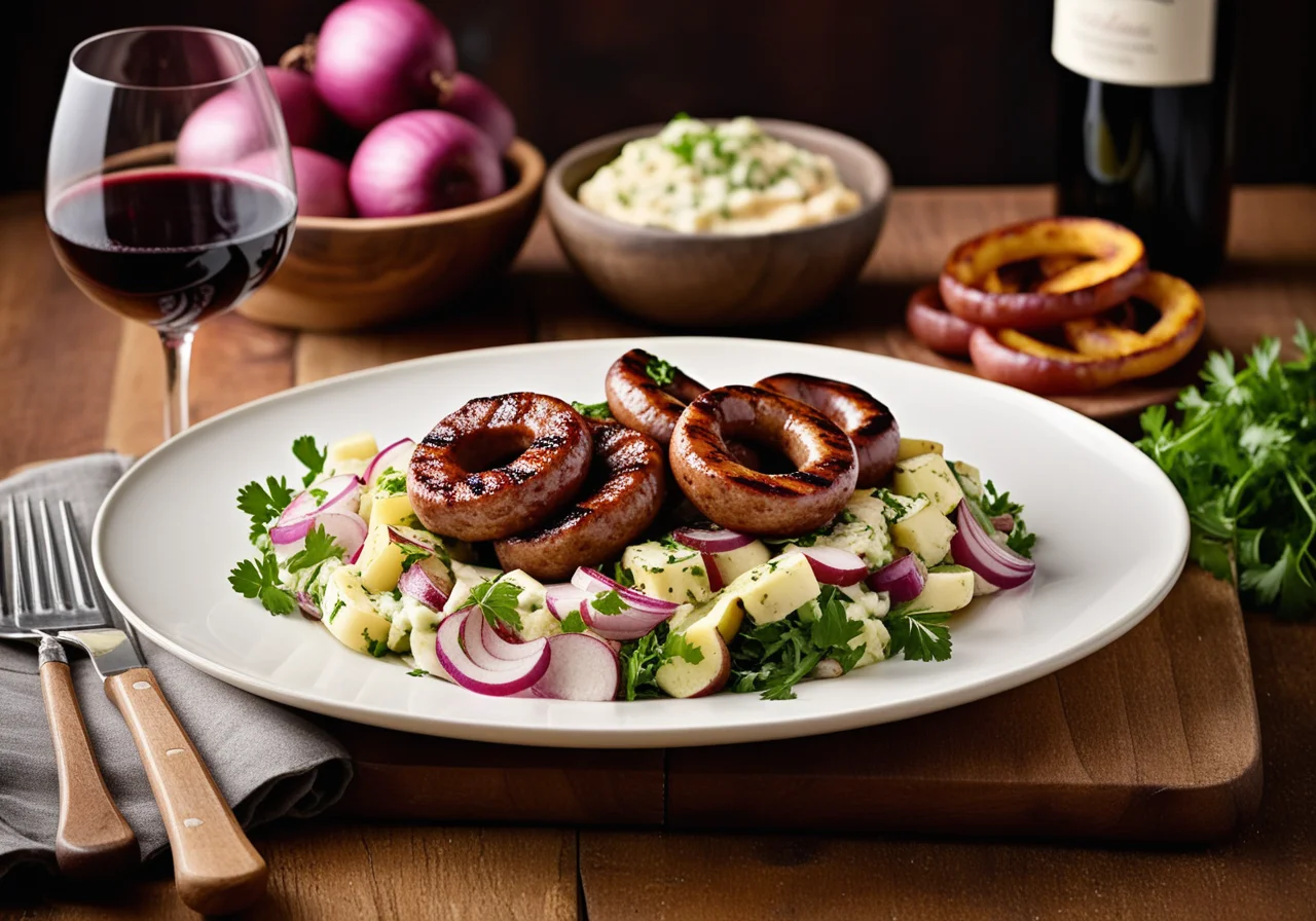 Grilled Sausages with Potato Salad and Red Wine Sauce