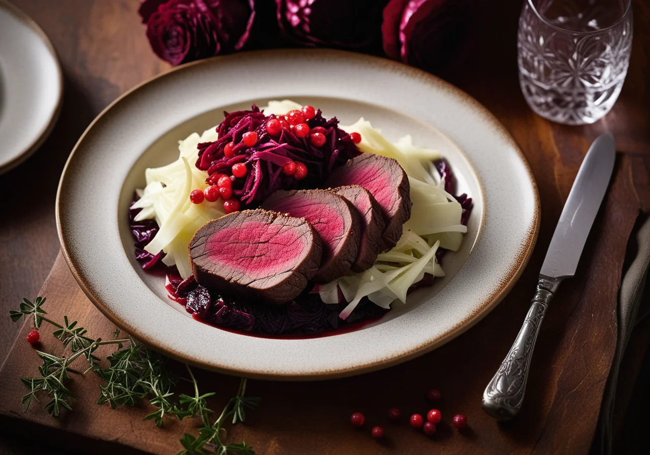 Venison Fillet on Red Cabbage and Lingonberries