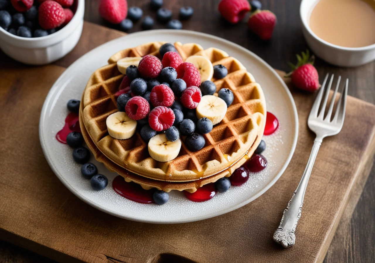 Whole grain waffles with fruit and syrup