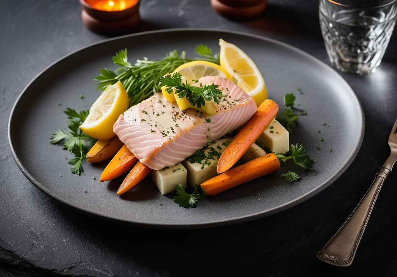 Trout Blue with Vegetable Julienne and Potatoes