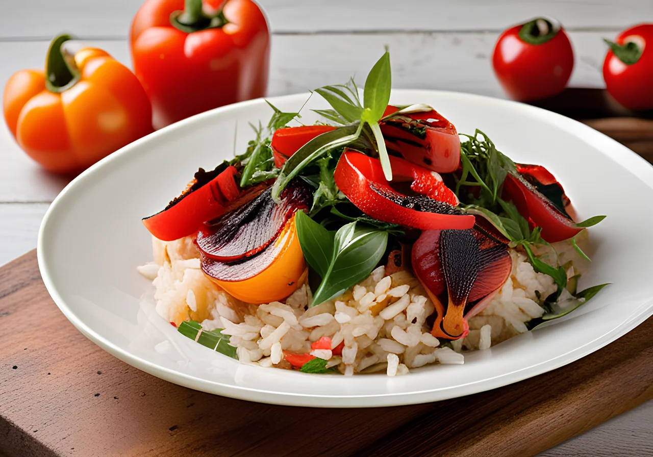 Rice Salad with Bell Peppers, Onions, and Basil