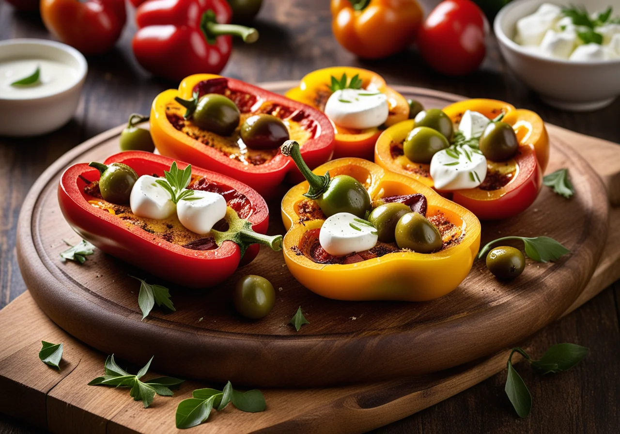 Paprika Bell Peppers Stuffed with White Bread, Olives and Onions