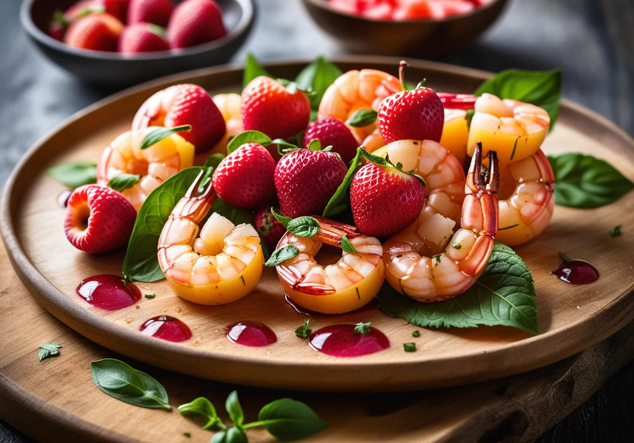 Shrimp Melon Skewers with Strawberry Salad