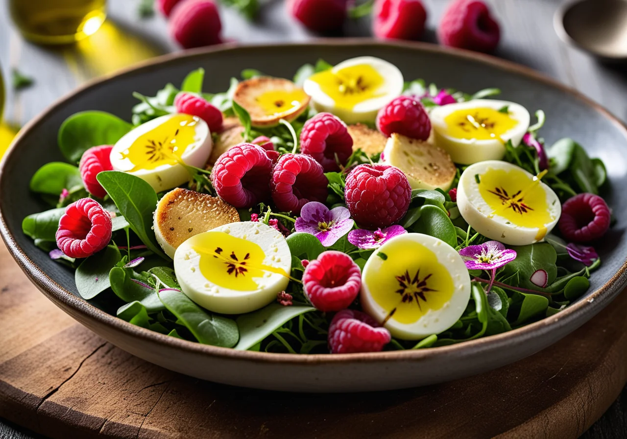 Summer Leafy Salad with Goat Cheese and Raspberry Dressing