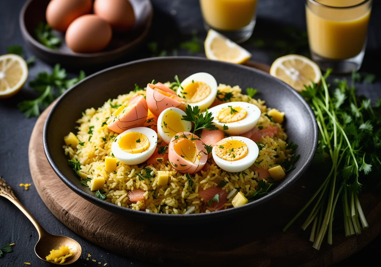 Kedgeree with Smoked Salmon and Boiled Eggs