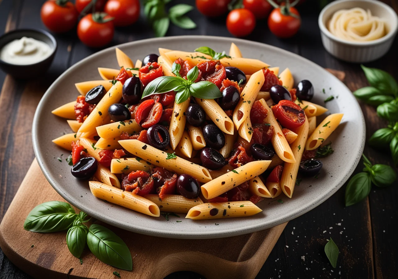 Penne with Sauce from Dried Tomatoes and Black Olives