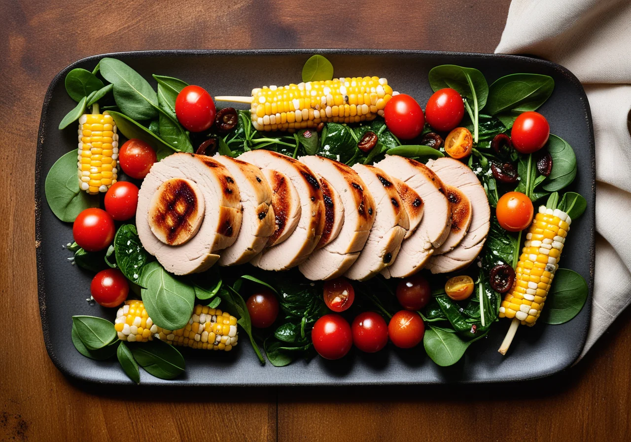 Grilled Chicken Roulade with Mixed Salad and Corn on the Cob