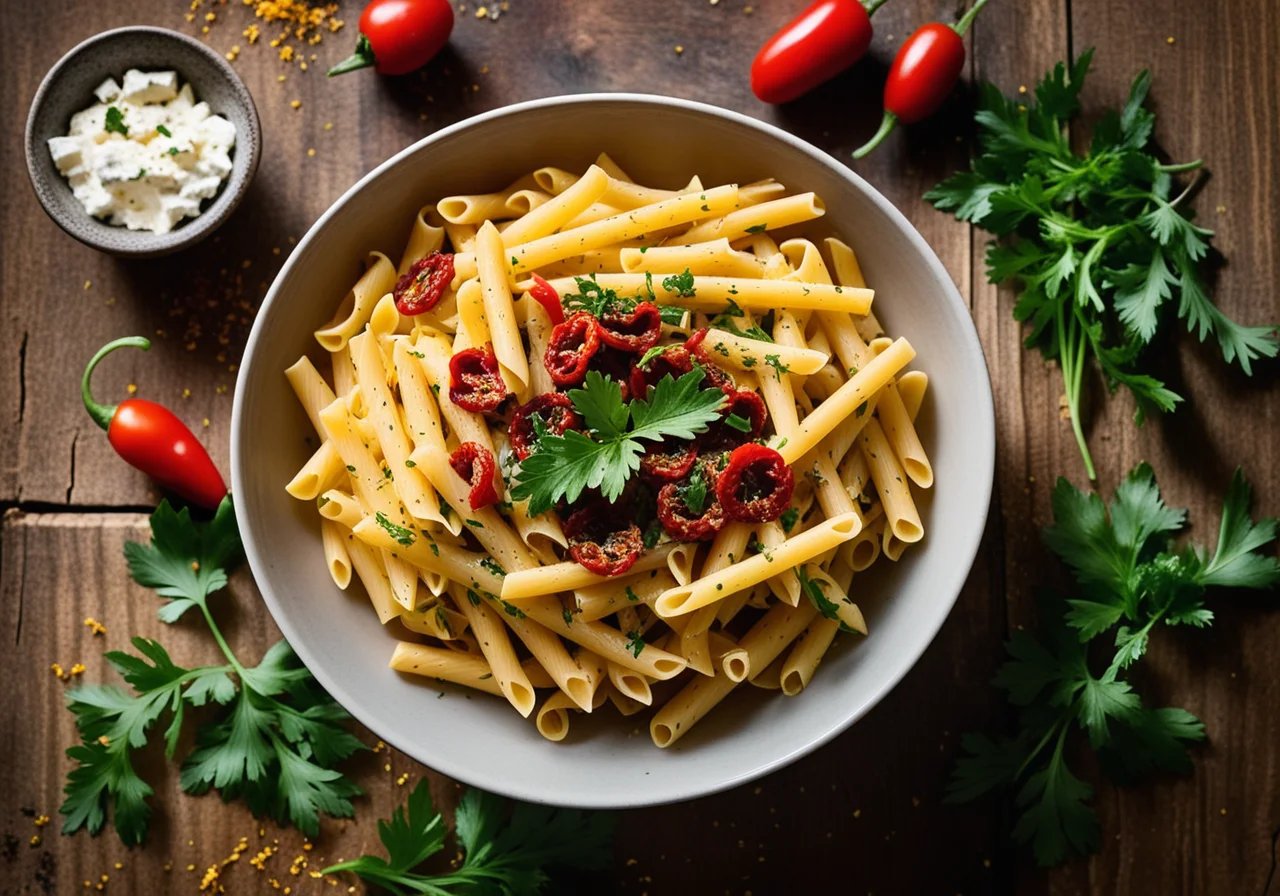 Pasta with Sun-Dried Tomatoes, Feta and Parsley