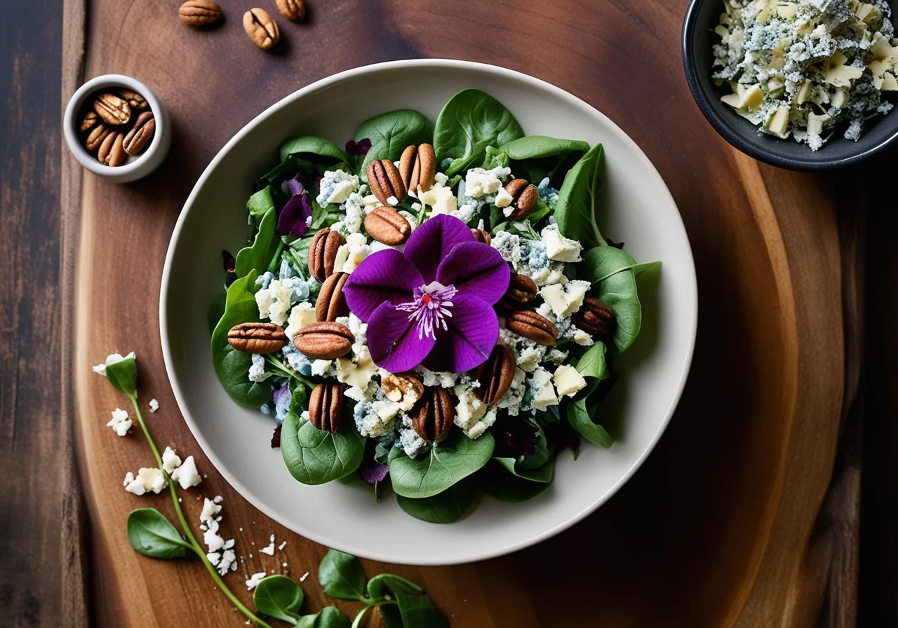 Salad with spicy blue cheese, nuts and edible flowers