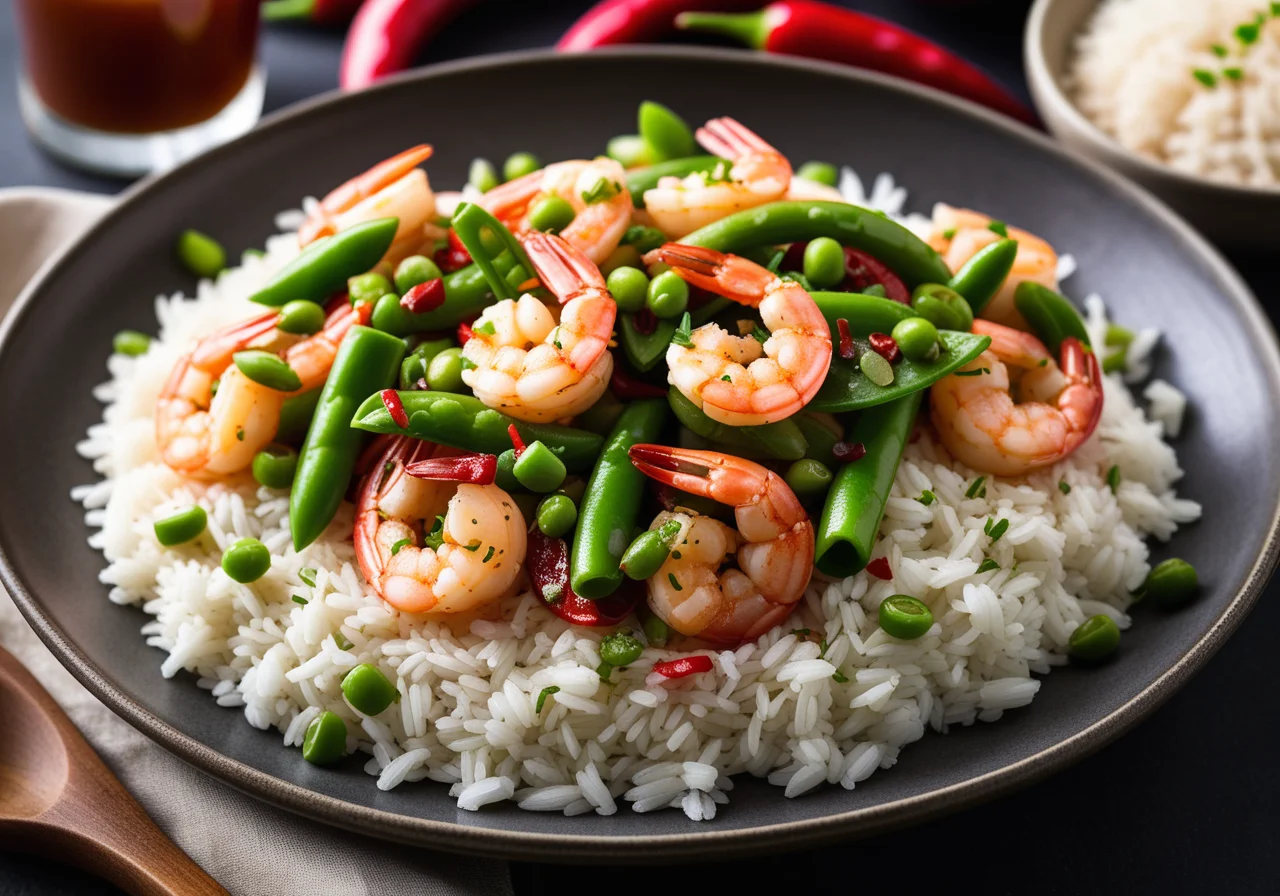 Shrimp with Chili and Garlic Marinated with Sugar Snap Peas and Rice