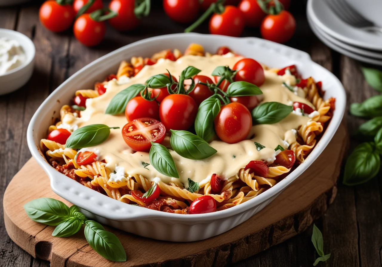 Pasta gratin with cream cheese and tomatoes
