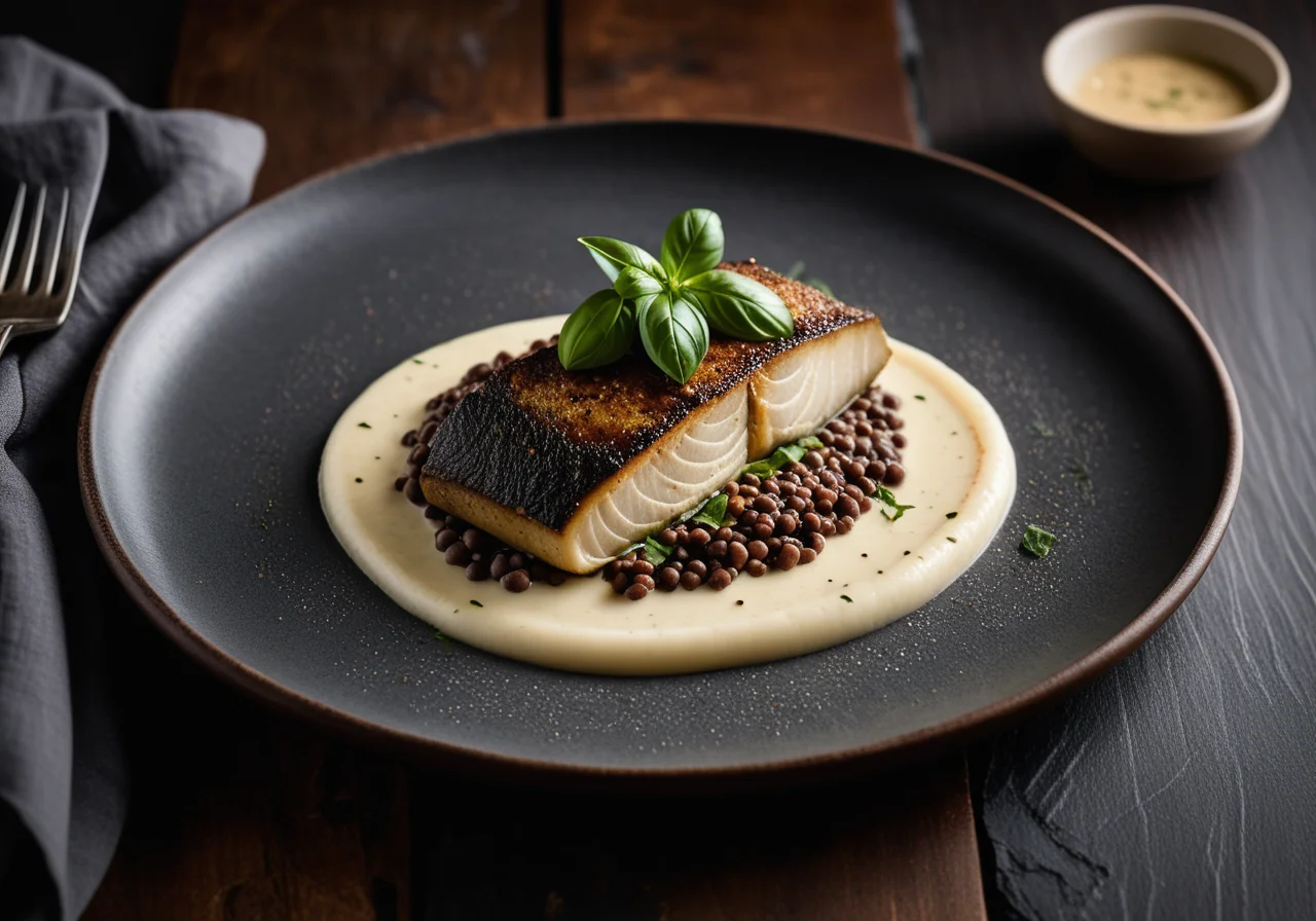 Sea Bass Fillet with Kohlrabi and Beluga Lentils