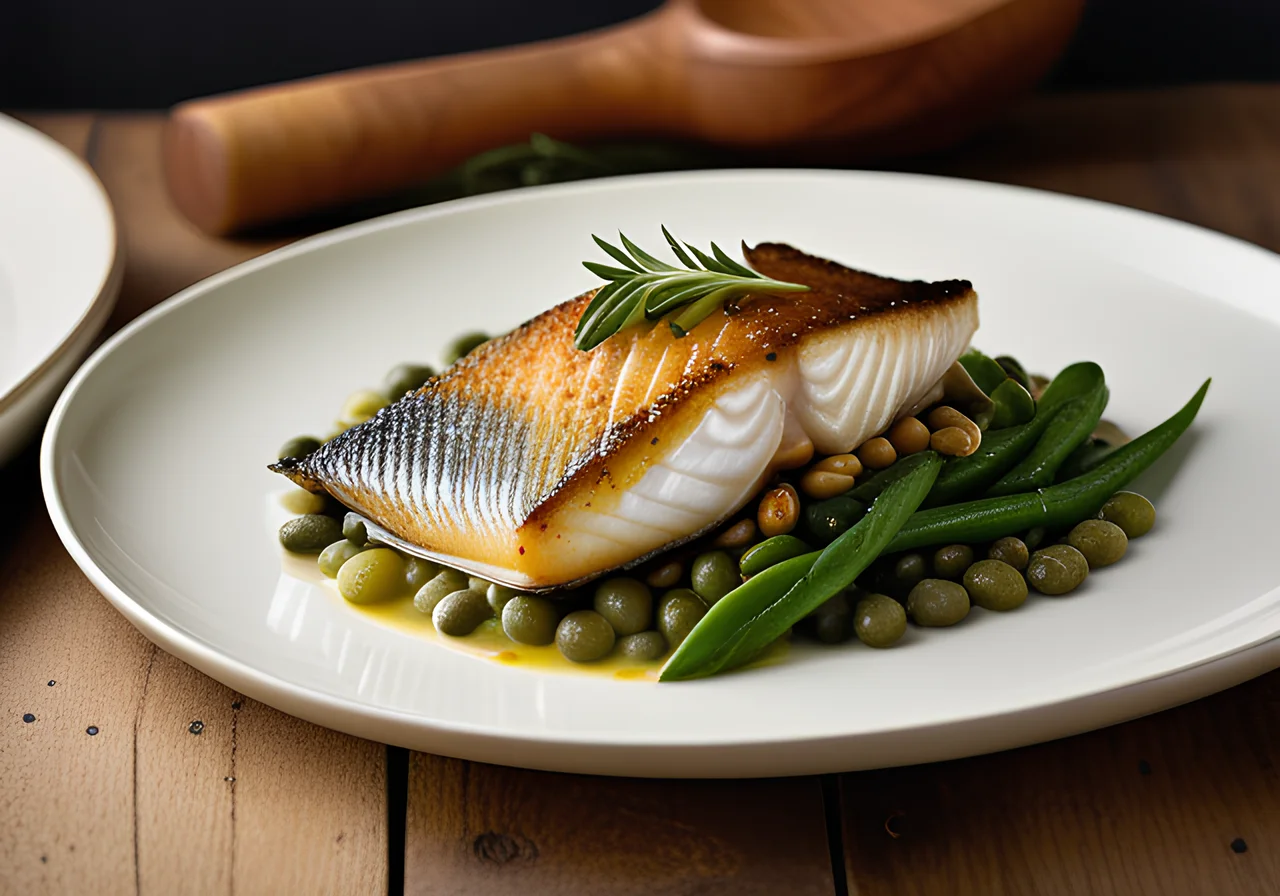 Sage Sea Bass with Lentil Vegetables