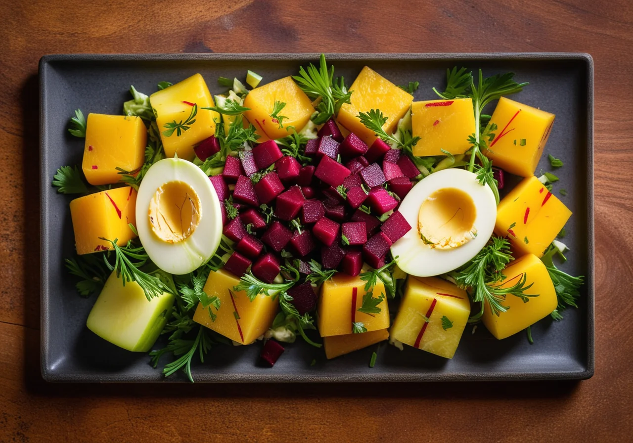 Hearty Matjes Salad with Red Beet, Onions, Potatoes and Apple
