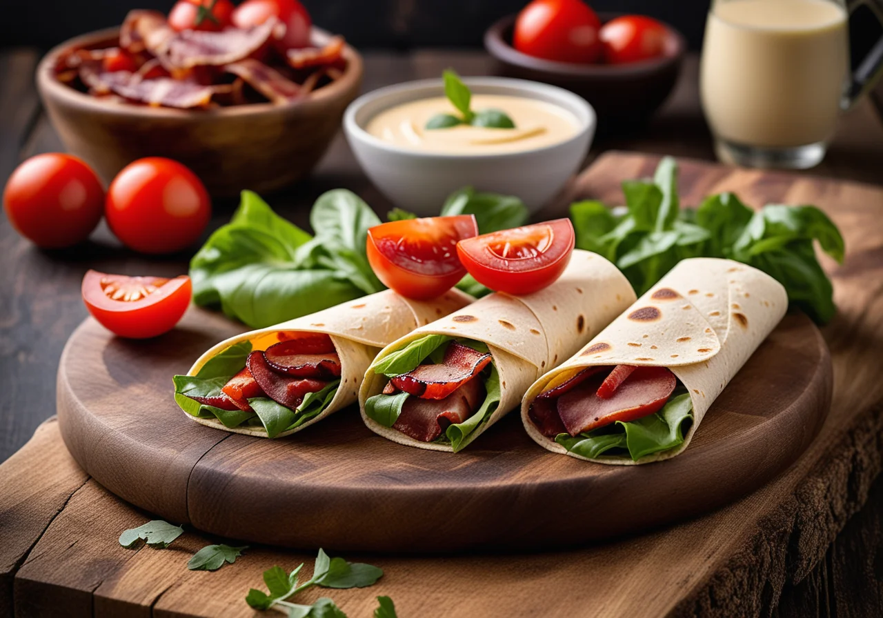 Wraps with bacon, tomato and salad