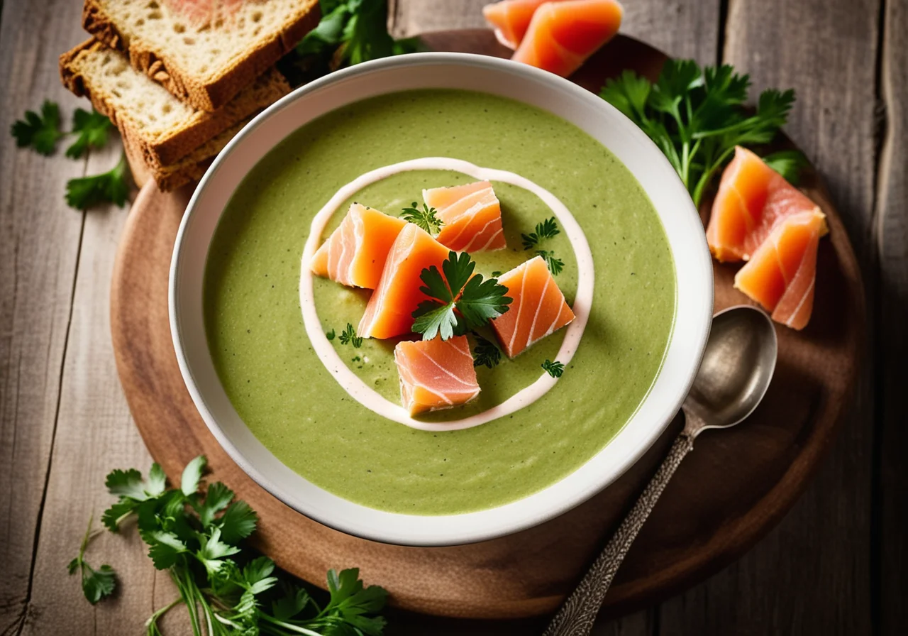 Pea Cream Soup with Smoked Salmon