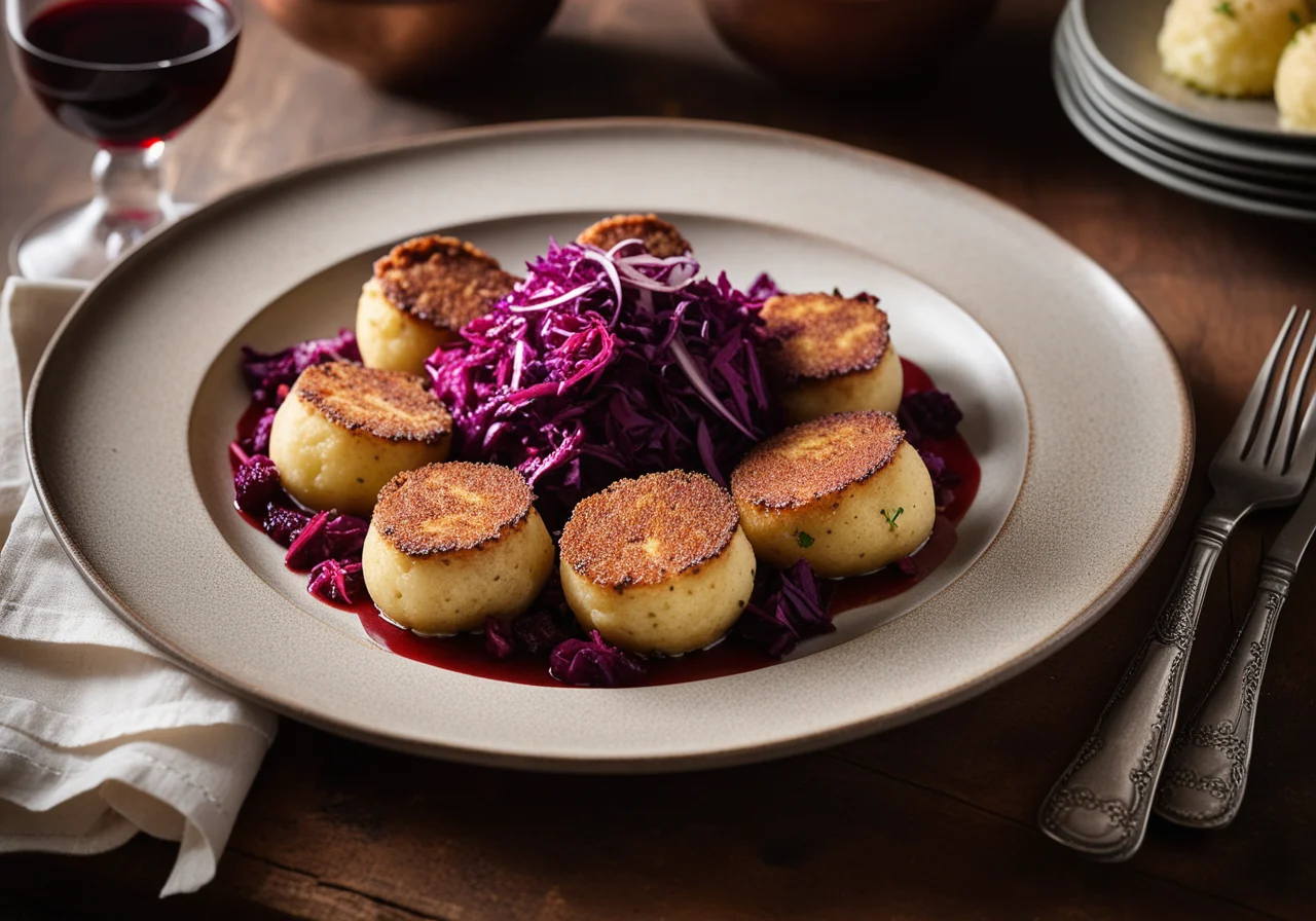 Pork Fillet in Bacon Crust with Red Cabbage and Potato Dumplings