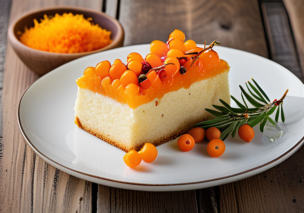 Quark Cake with Sea Buckthorn and Almonds