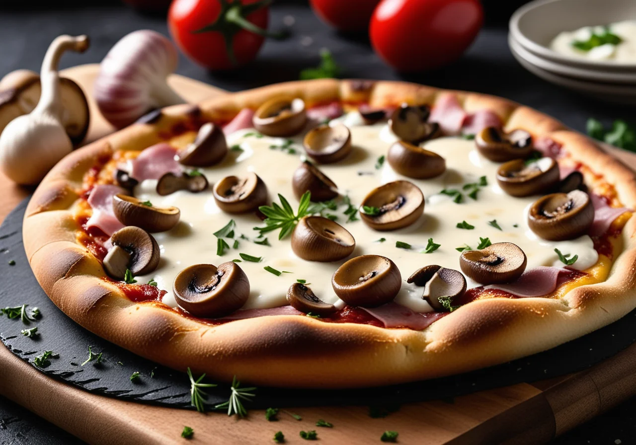 Pizza slices with ham and mushrooms