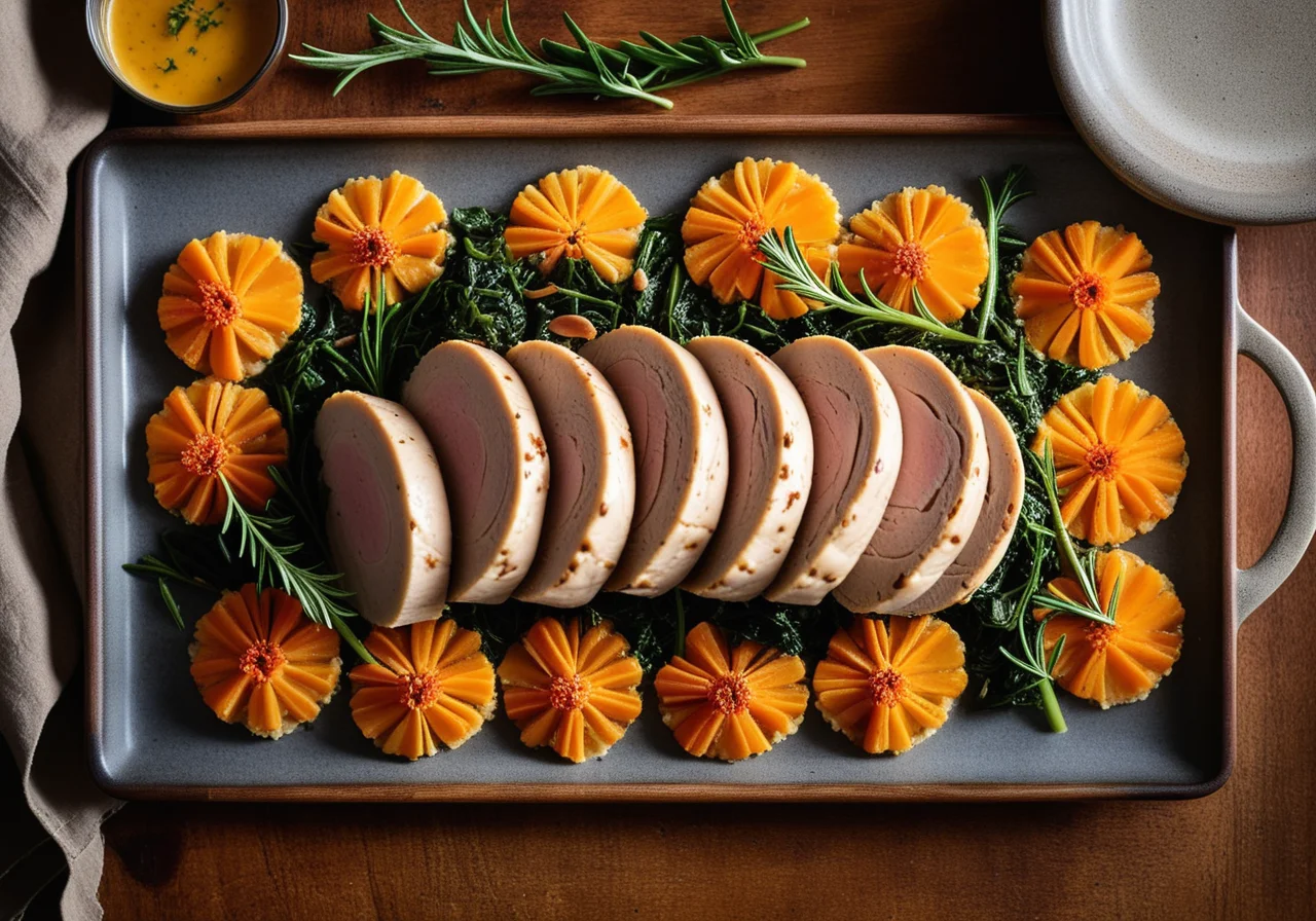 Stuffed Poularde with Dandelion and Vegetables and Mushroom Sauce