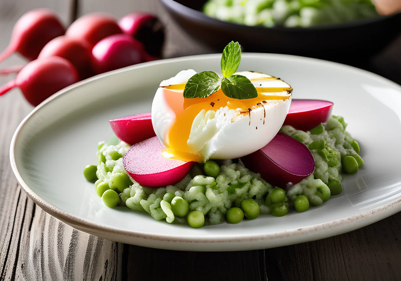 Green Risotto with Glazed Radishes and Poached Egg