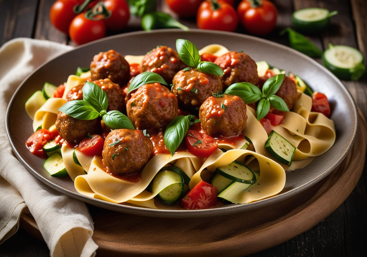 Pasta with Turkey Meatballs and Zucchini Tomato Sauce