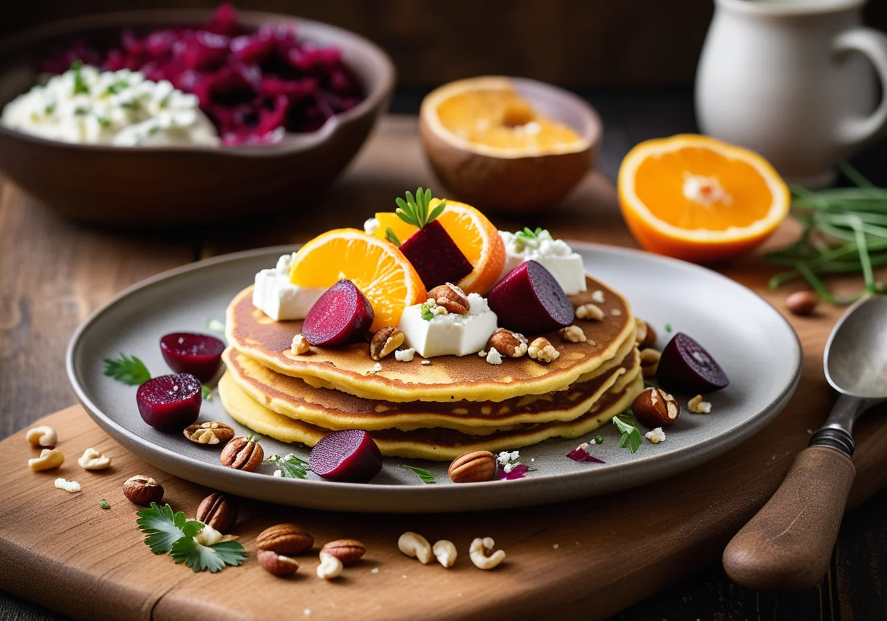 Savory Rice Pancakes with Beetroot, Feta and Hazelnuts