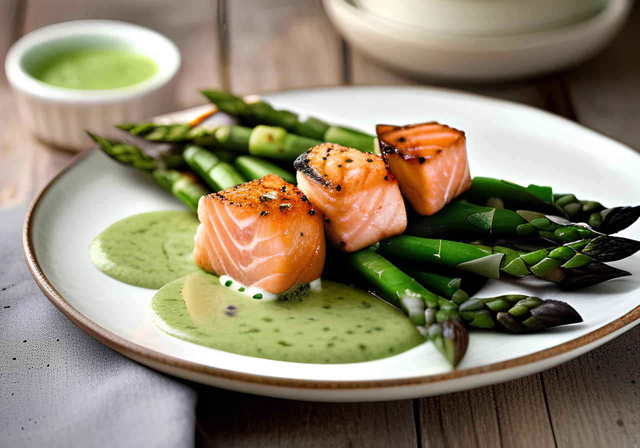 Salmon Skewers with Asparagus & Sorrel Cream