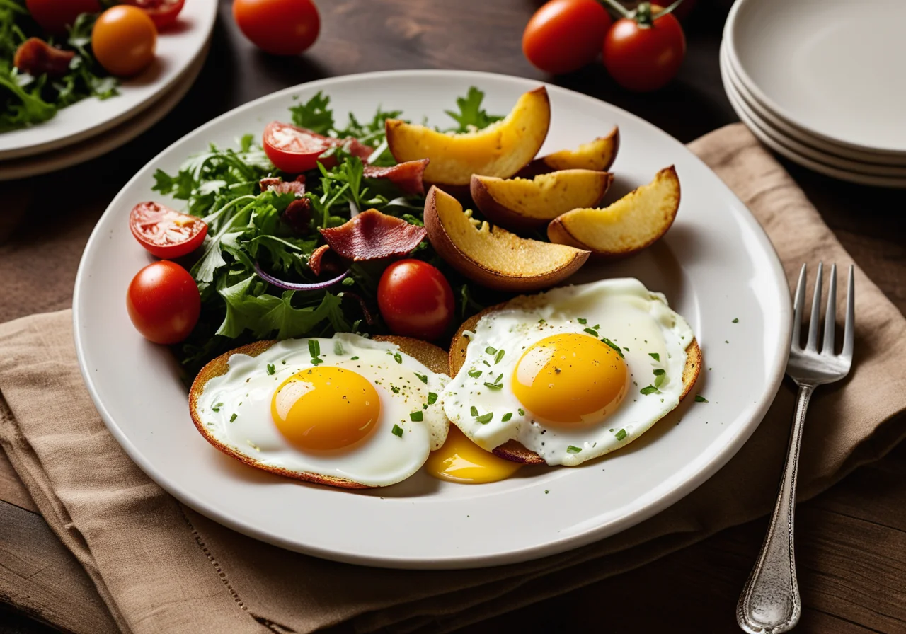 Fried Potatoes with Sunny Side Up Eggs and Green Salad
