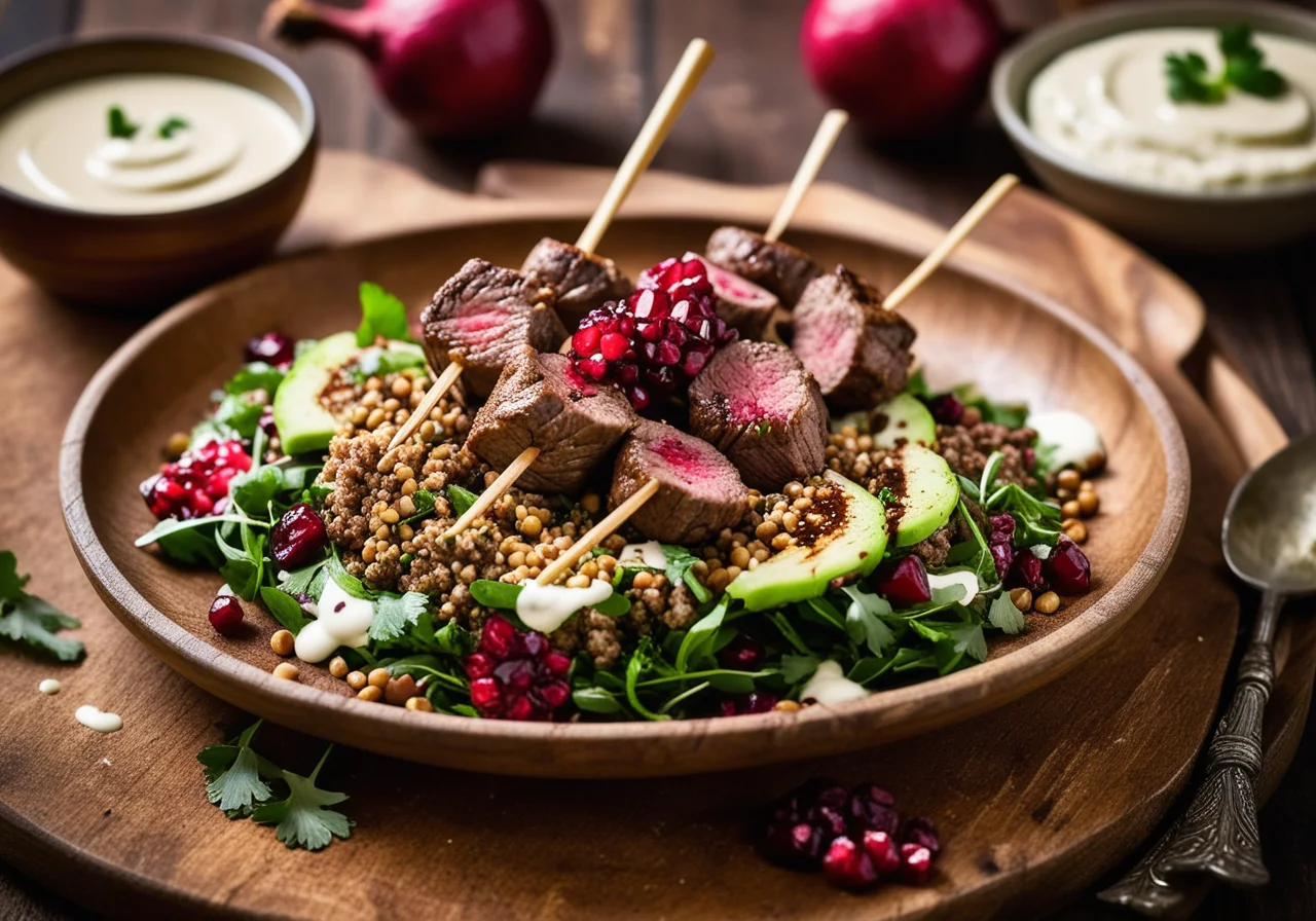 Lamb Skewers with Cauliflower Lentil Salad