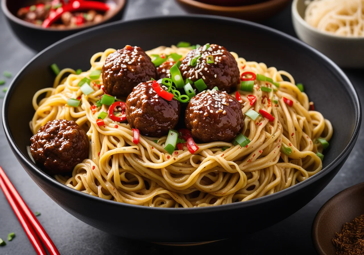 Asian Egg Noodles with Spicy Meatballs