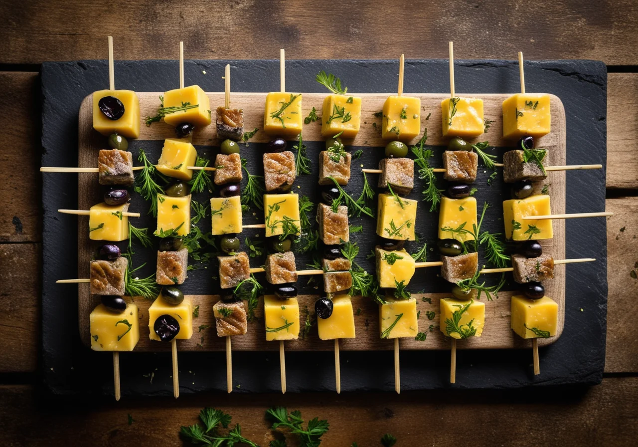 Cheddar-Sardellen-Spießchen