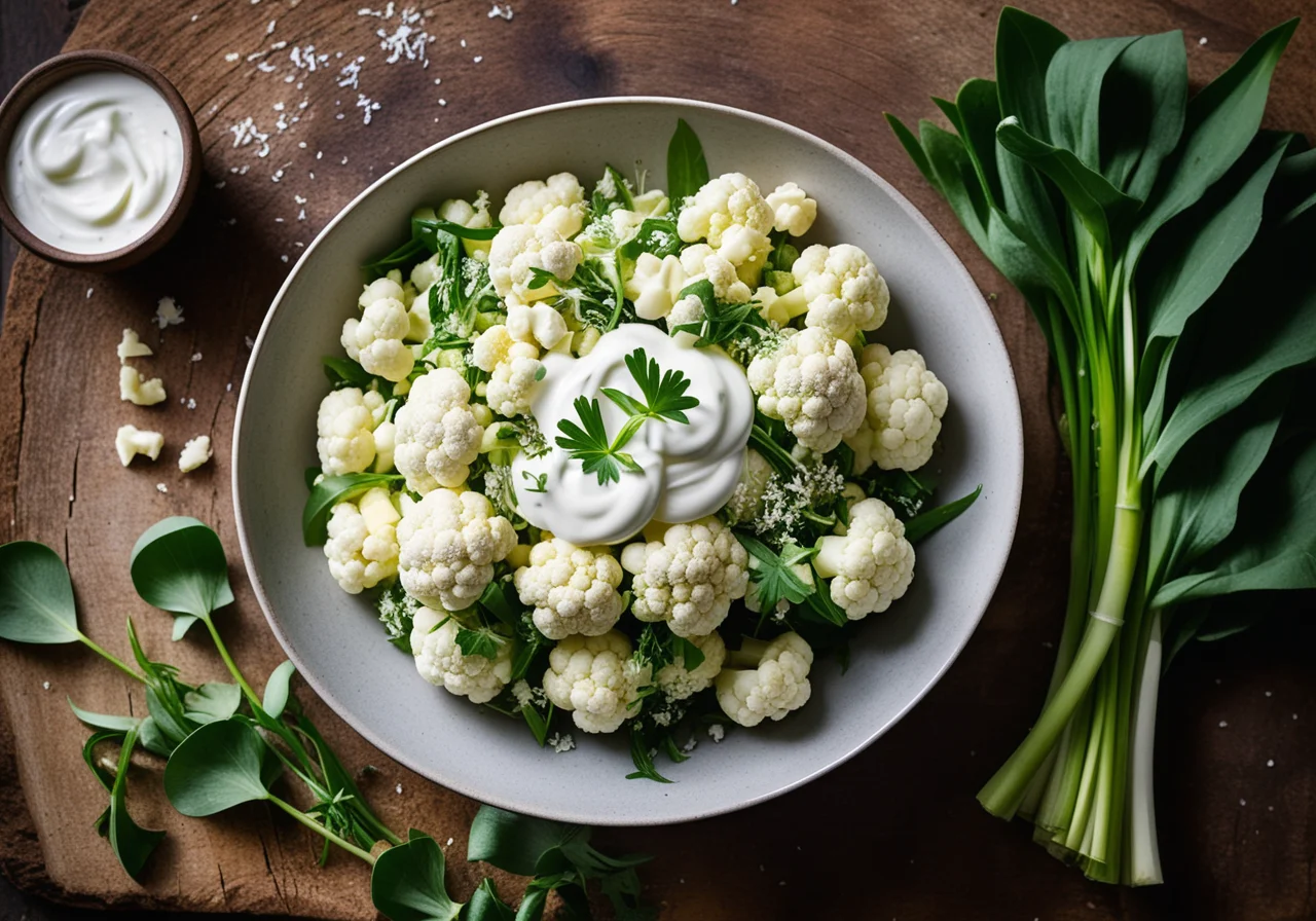Cauliflower Salad with Wild Garlic, Dandelion and Yogurt