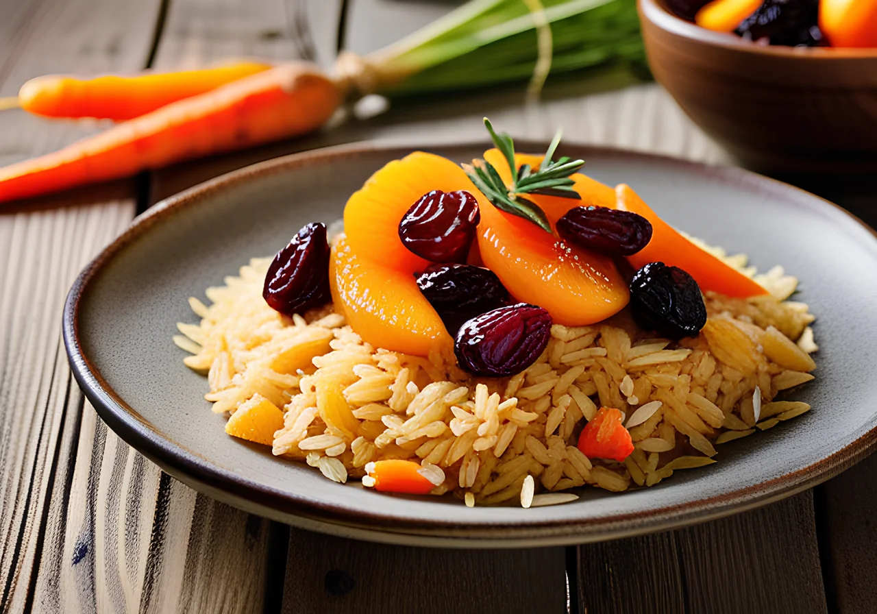 Pilaf with Spices, Carrots, Apricots, and Raisins