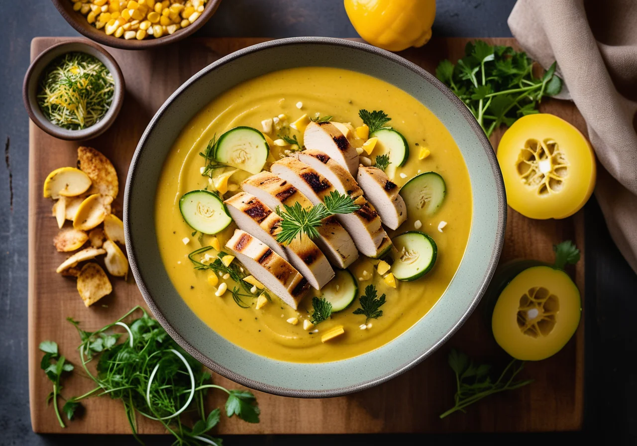 Zucchini-Corn Squash Soup with Chicken and Crunchy Veggies