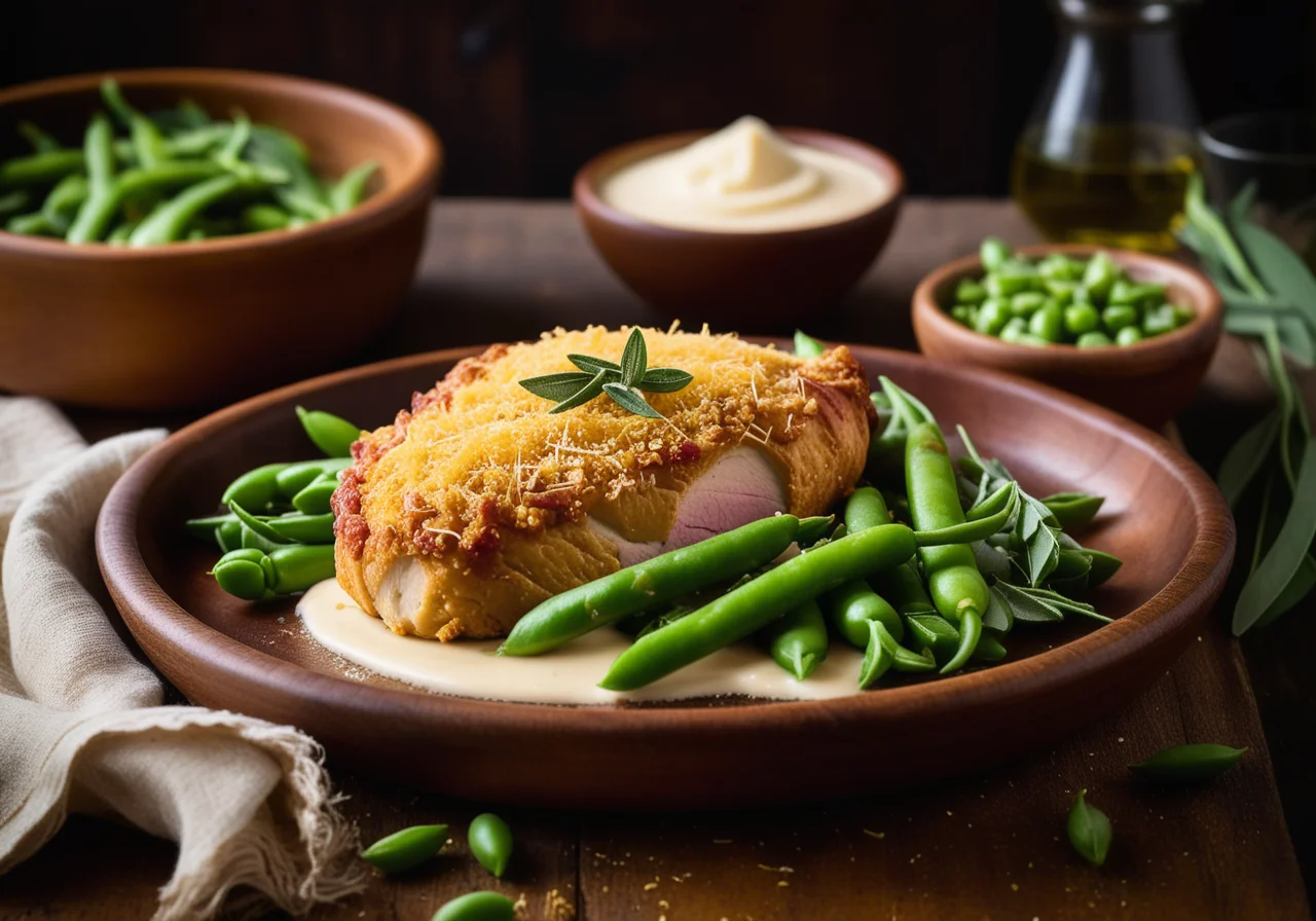 Chicken Breast with Parmesan Ham Crust and Creamy Peas