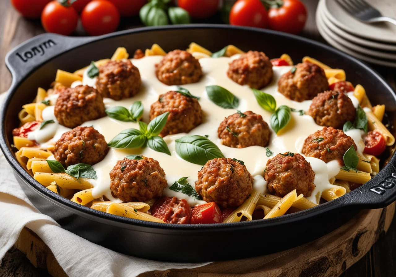 Pasta gratin with meatballs and mozzarella