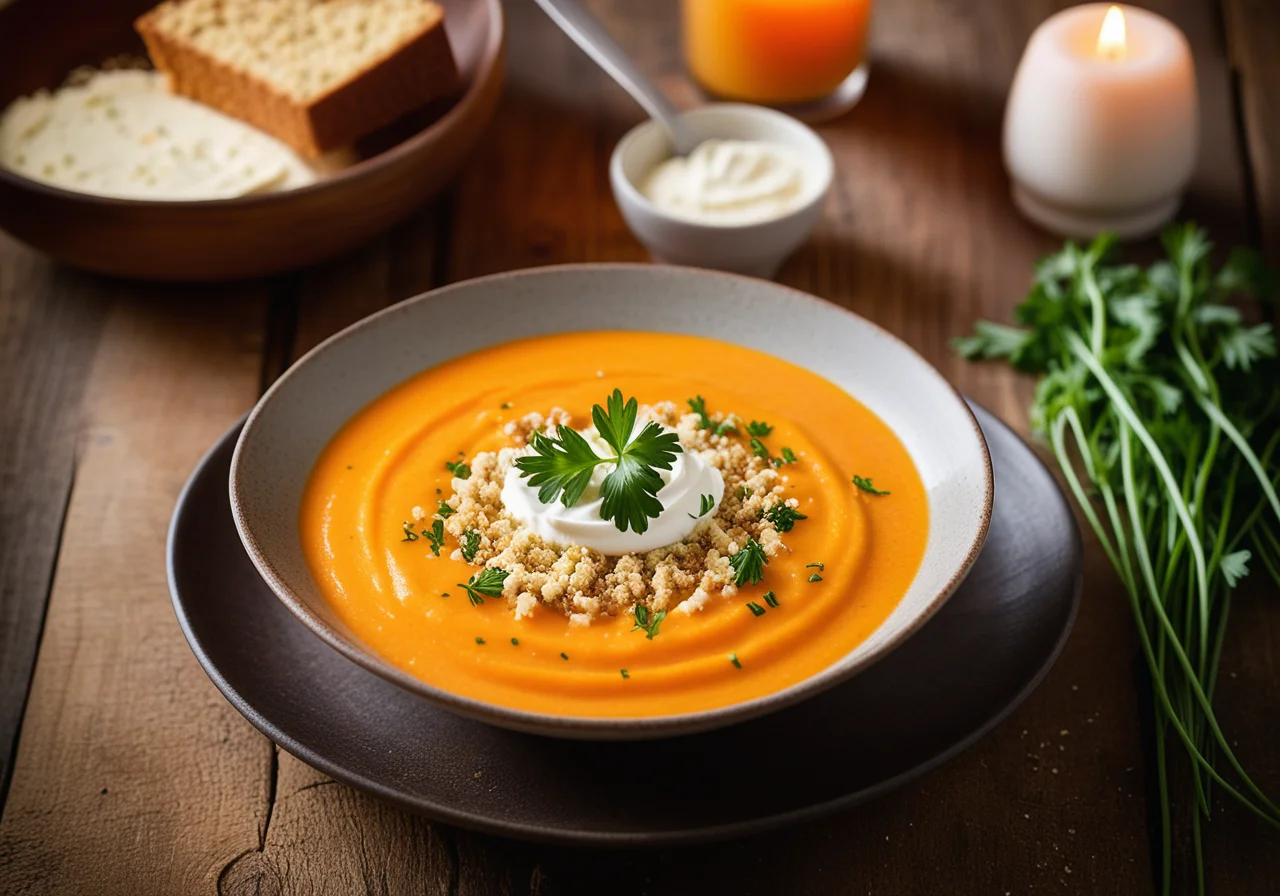 Carrot Soup with Sheep Cheese and Caraway