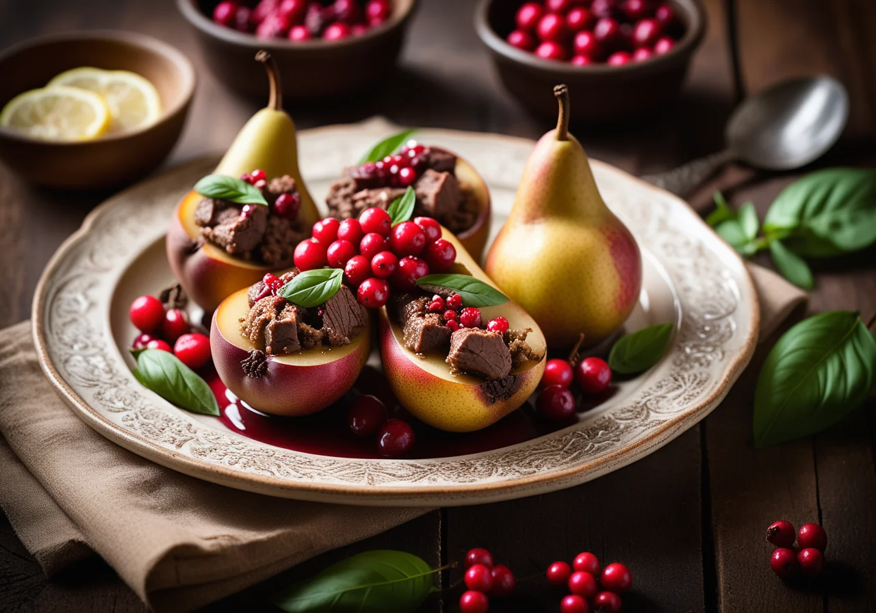 Baked pears with poultry liver filling