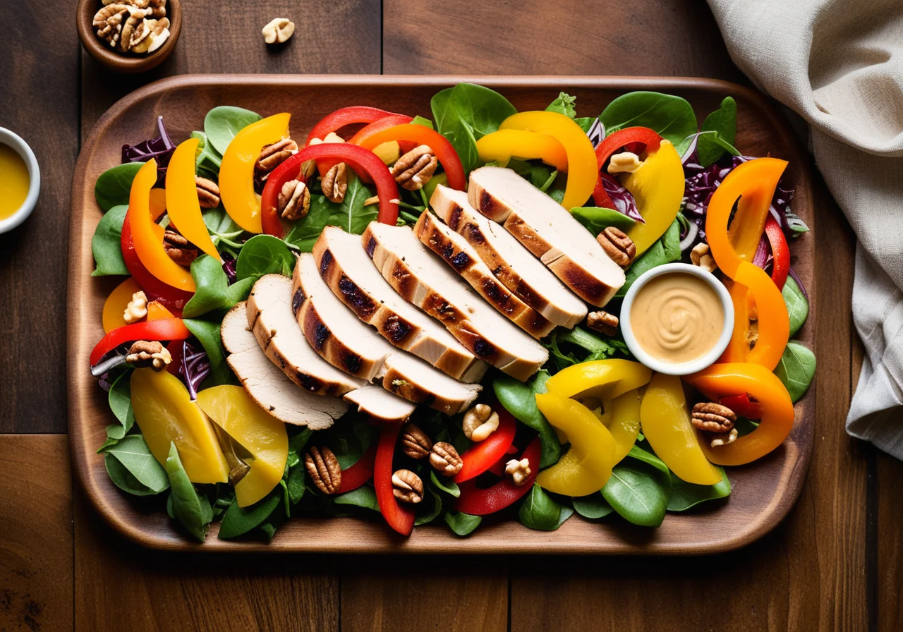 Colorful Leafy Salad with Walnuts and Chicken
