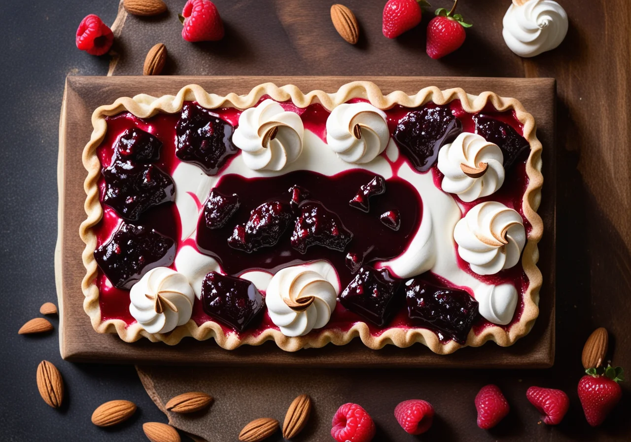 Shortcrust pastry slices with berry jam and meringue