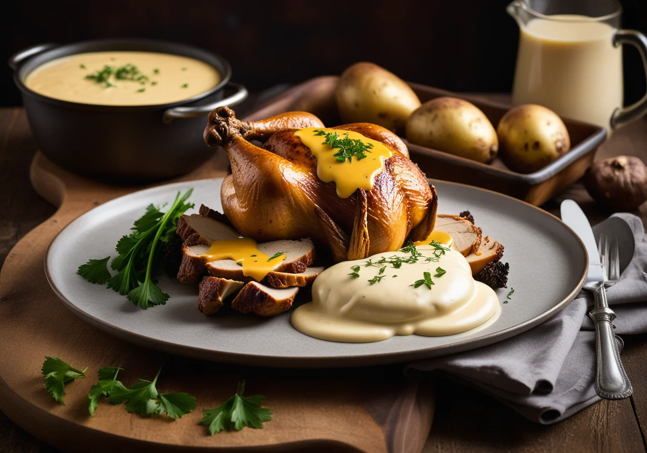 Roasted Chicken with Morel Cream Sauce and Potato Gratin