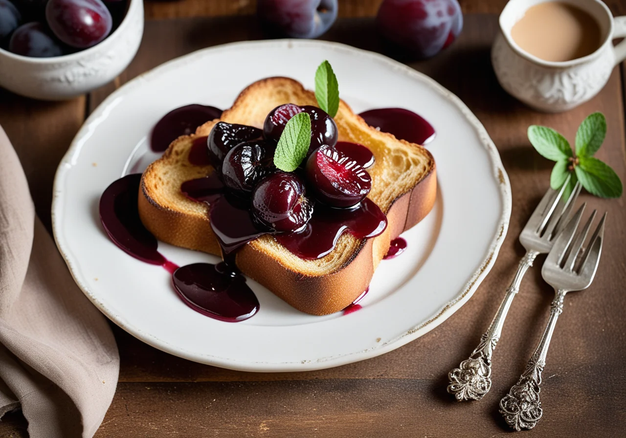 French Toast with Biscuits and Plum Compote