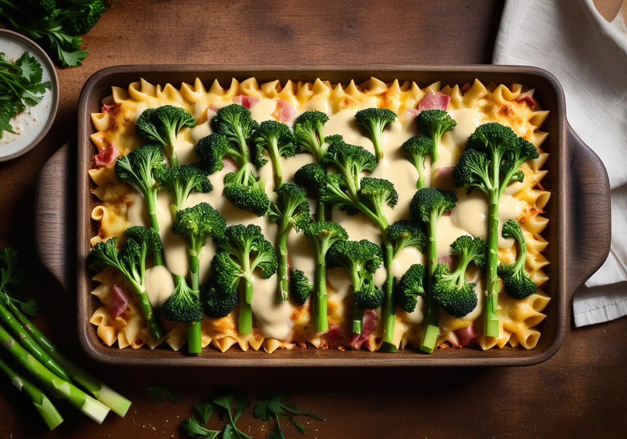 Pasta gratin with vegetables and ham