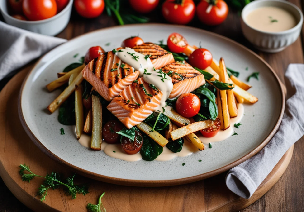 Salmon Strips with Vegetables and Fries