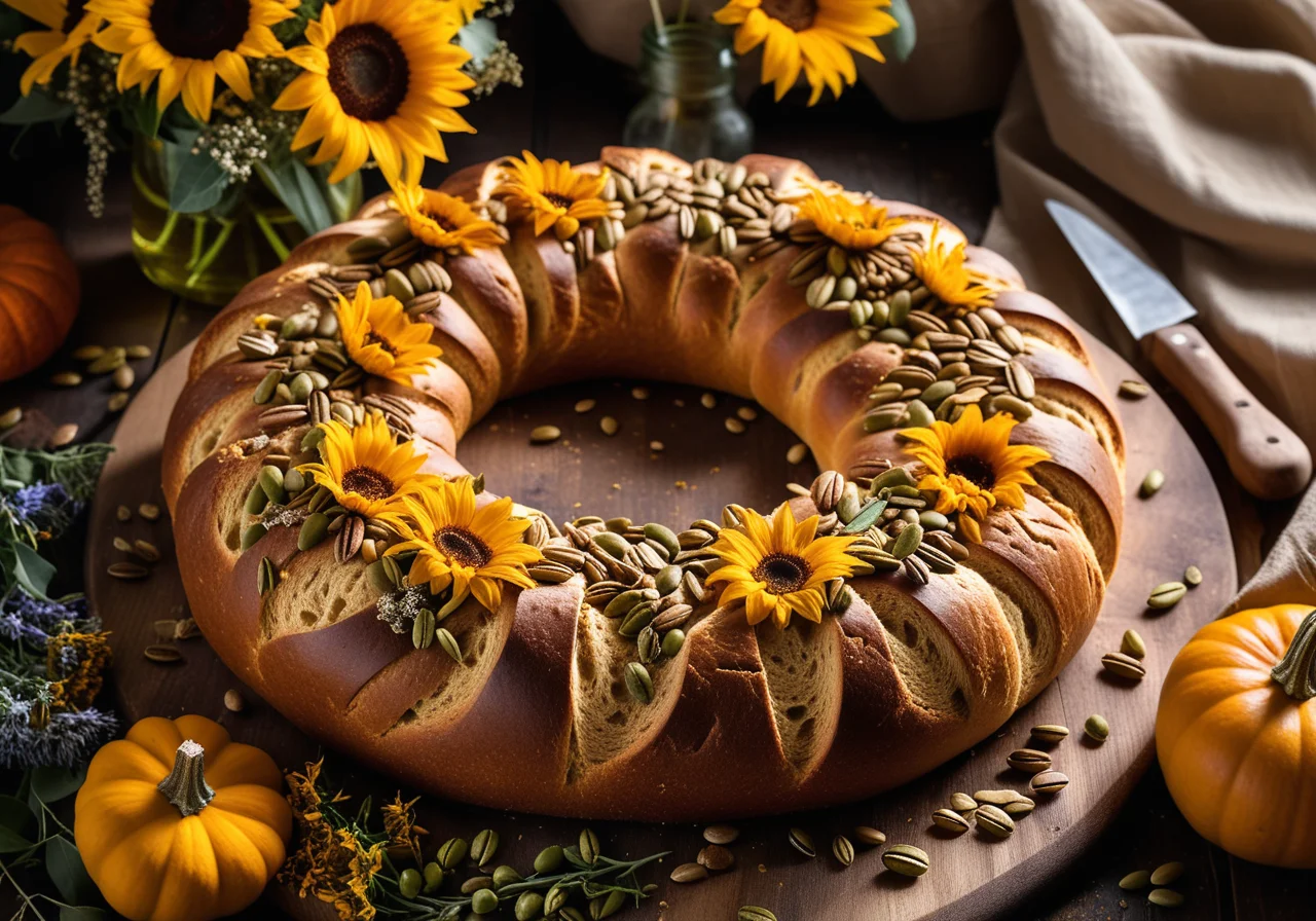 Bread wreath with sunflower and pumpkin seeds