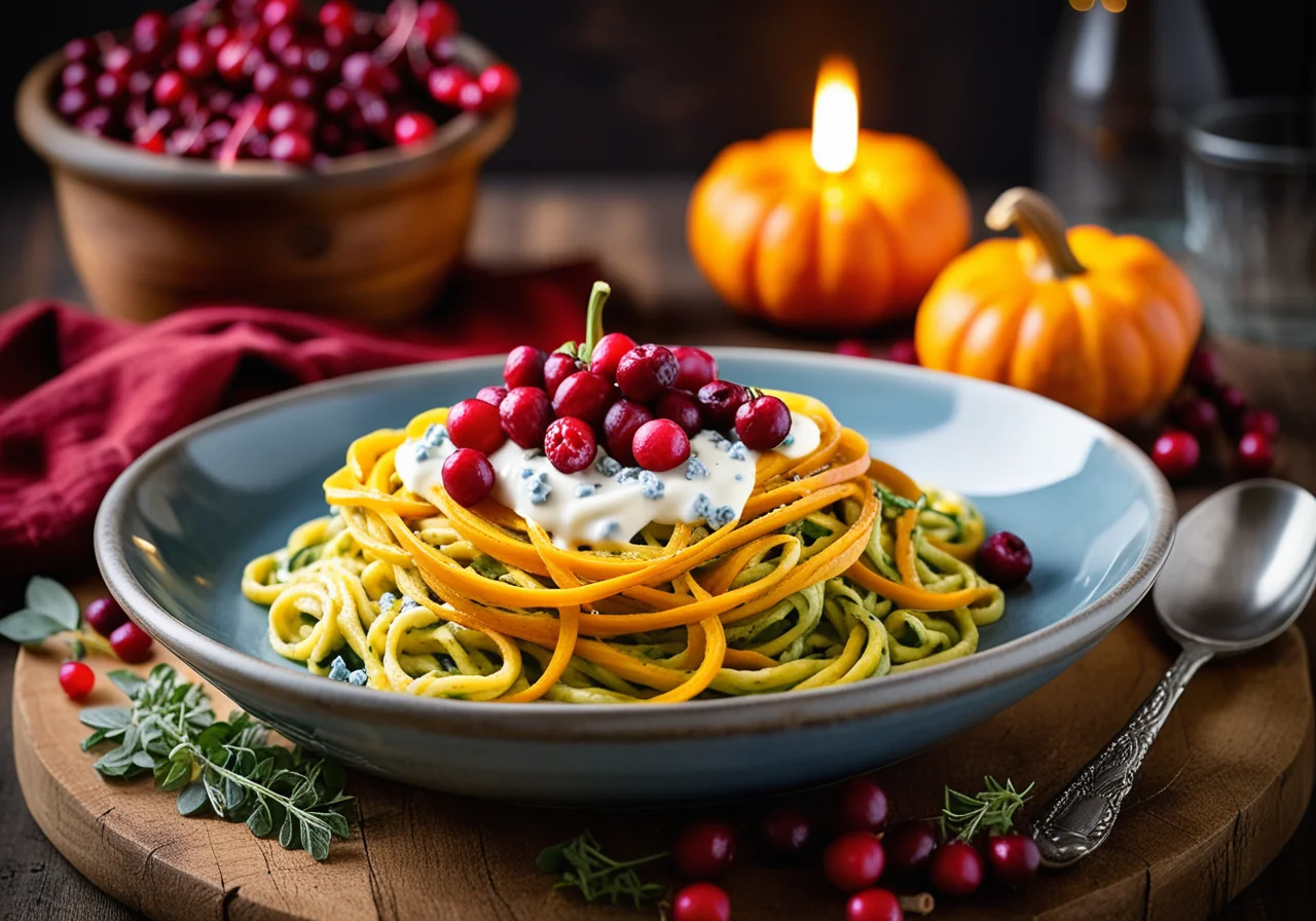 Pumpkin Pasta with Cranberries and Blue Cheese Dip