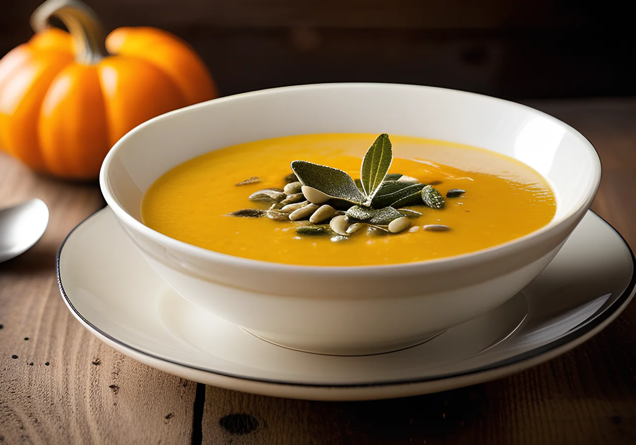 Pumpkin Cream Soup with Fried Sage Leaves and Vegetable Garnish