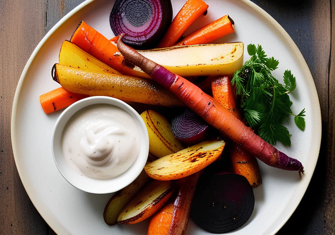 Roasted Vegetables with Yogurt-Date-Cinnamon Dip
